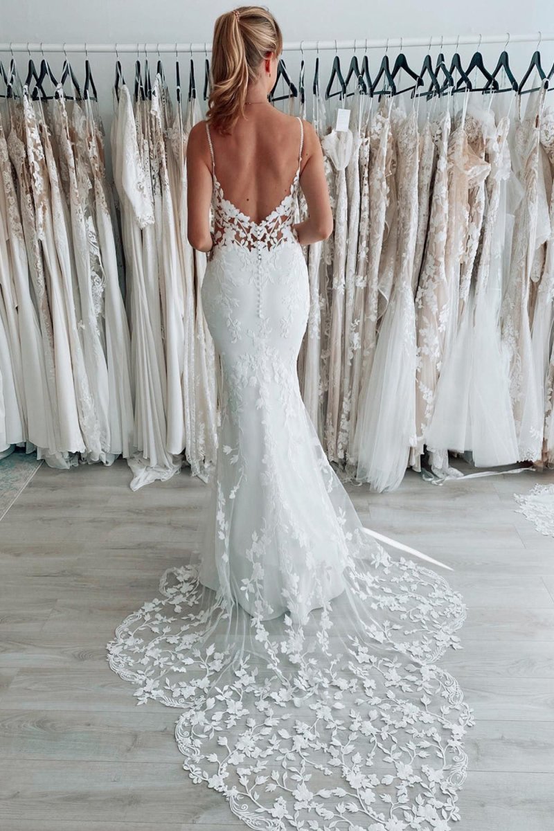 Taytum | White Spaghetti Straps Backless Long Wedding Dress with Lace