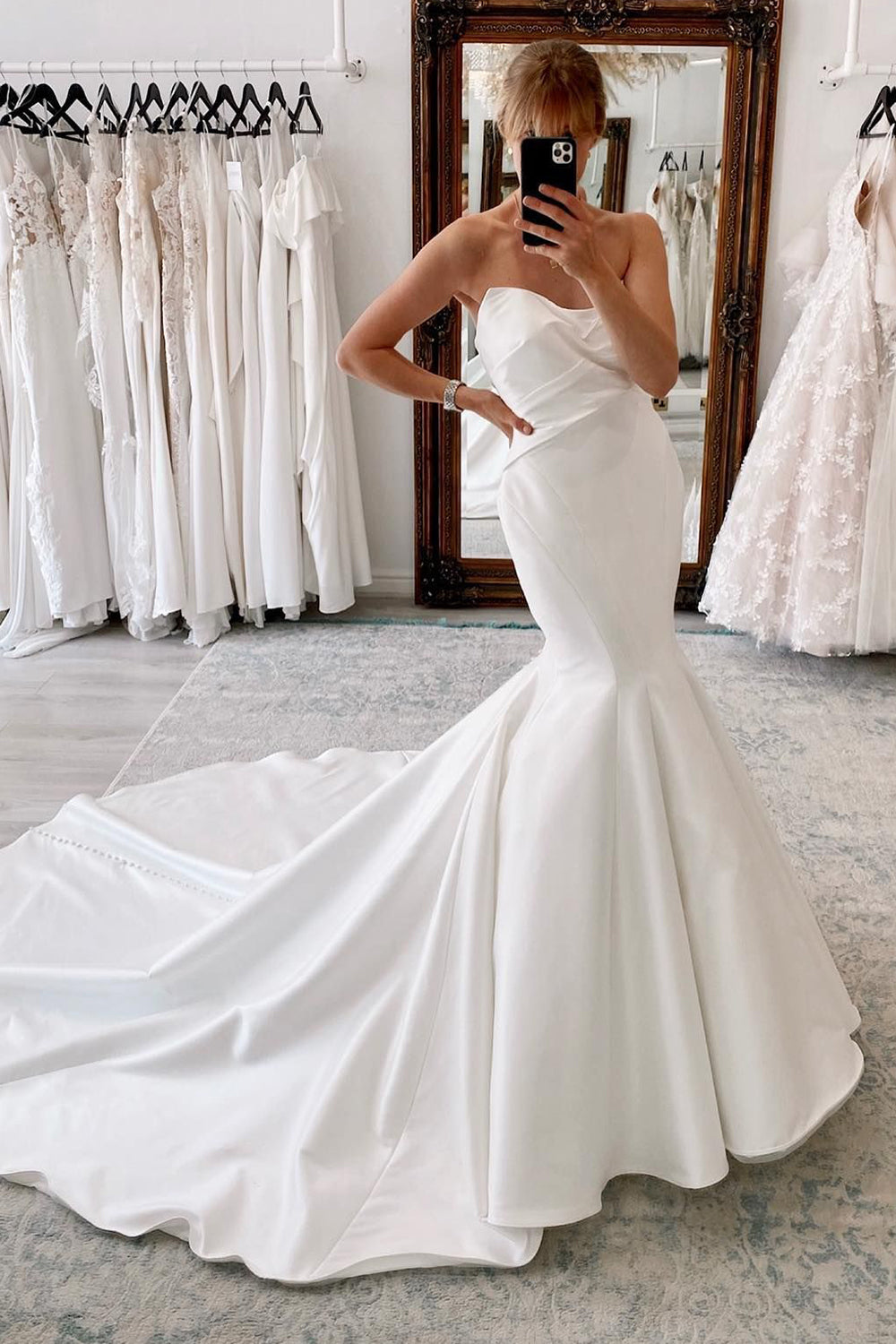Halo, White Strapless Satin Long Mermaid Wedding Dress
