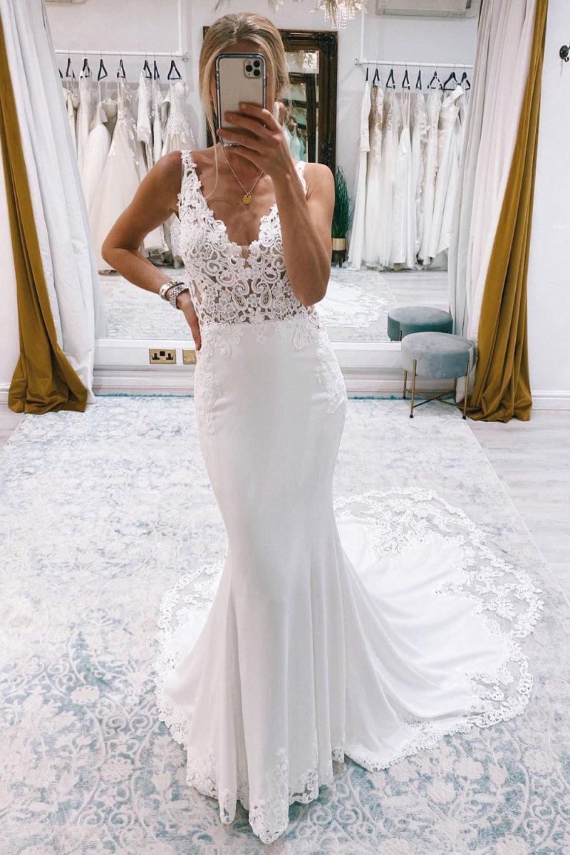 Kataleya | Mermaid White Deep V-Neck Long Wedding Dress with Lace Appliques