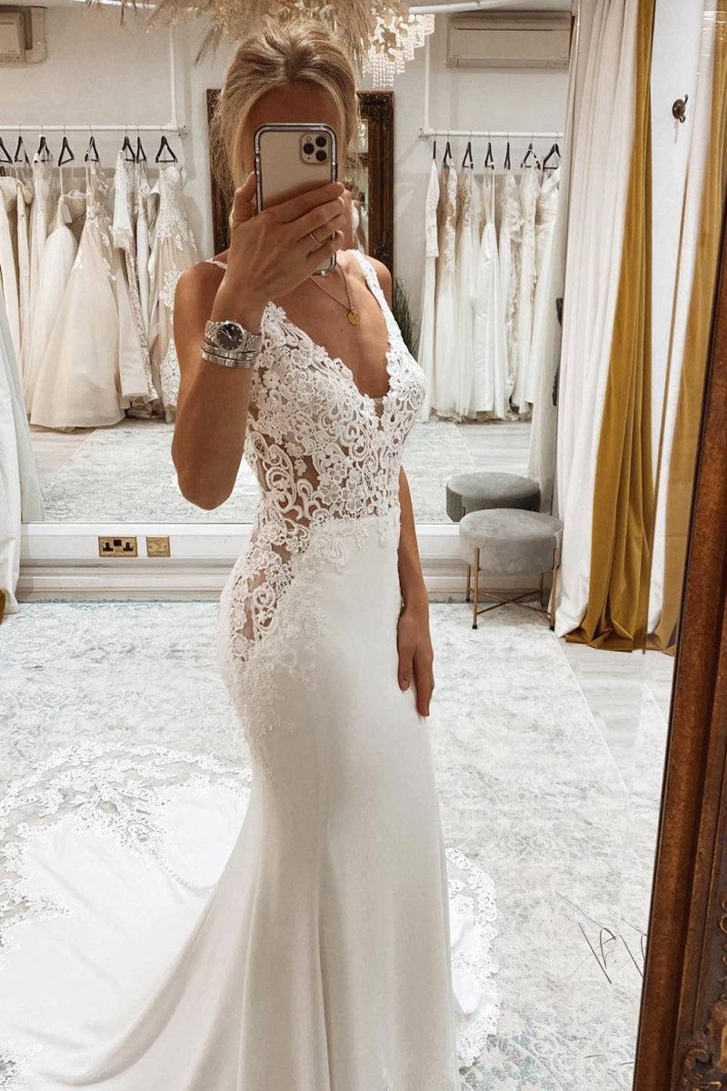 Kataleya | Mermaid White Deep V-Neck Long Wedding Dress with Lace Appliques
