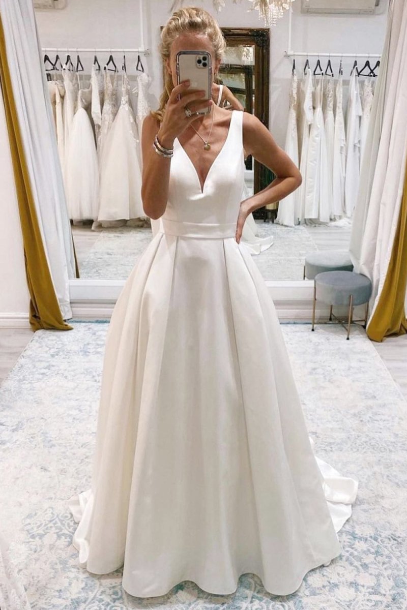 Timeless A Line V Neck Lace Long Sleeve Ivory Wedding Dress