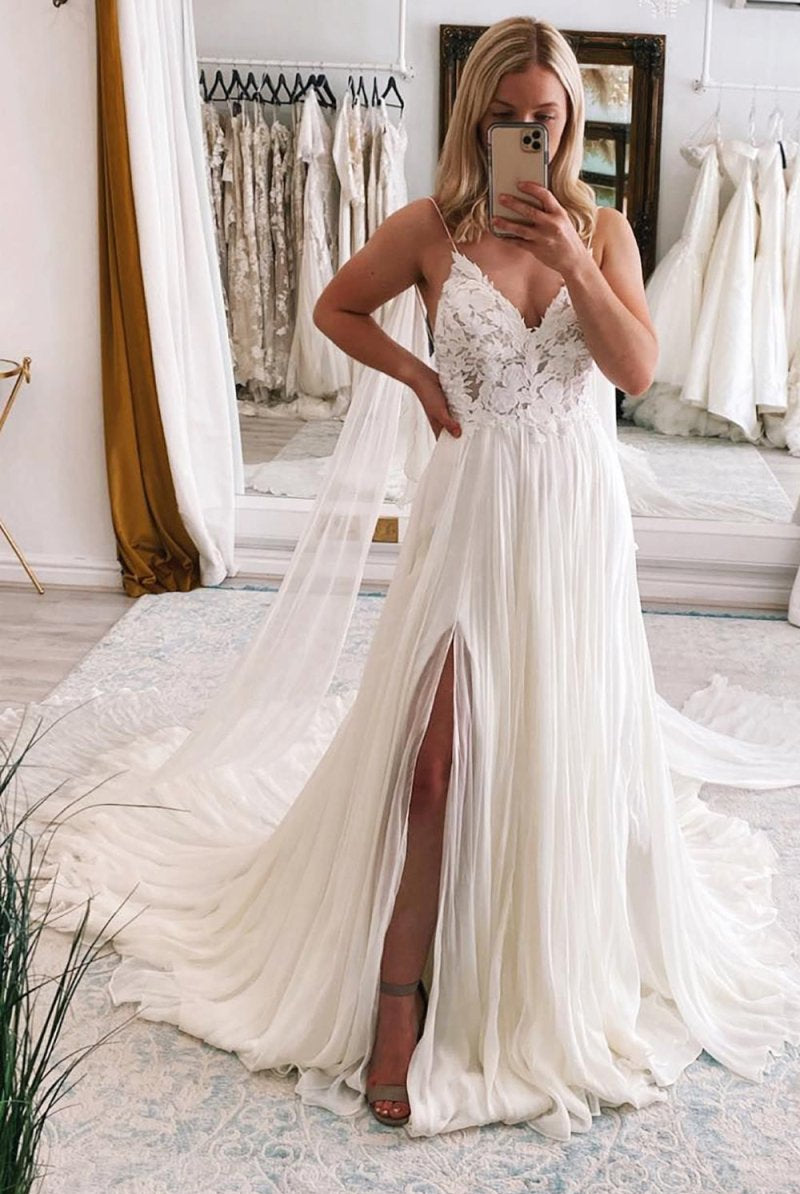 Zoya | Ivory A-Line Watteau Train Boho Long Chiffon Wedding Dress with Lace