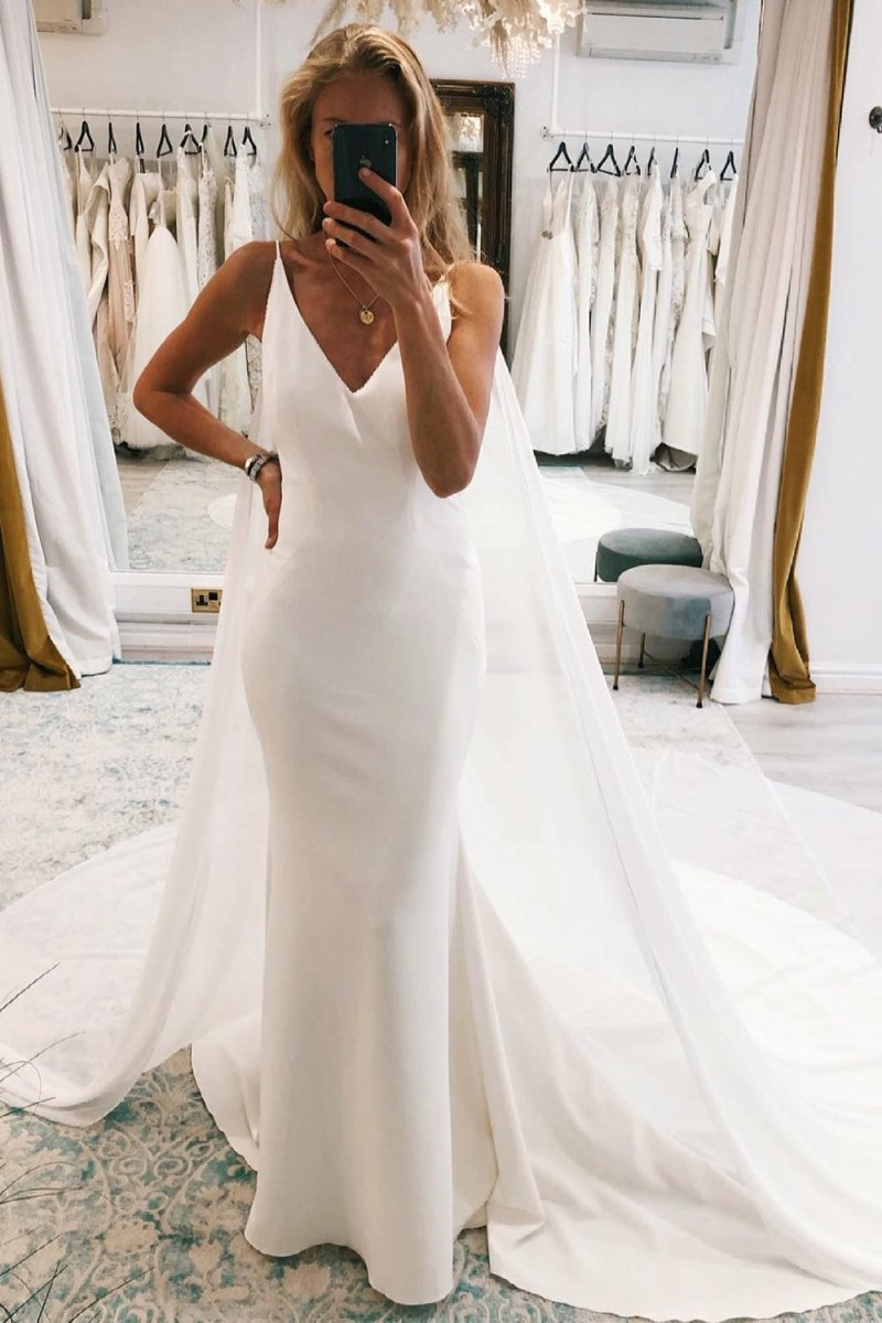 Kai | Simple White Watteau Train Boho Long Mermaid Wedding Dress