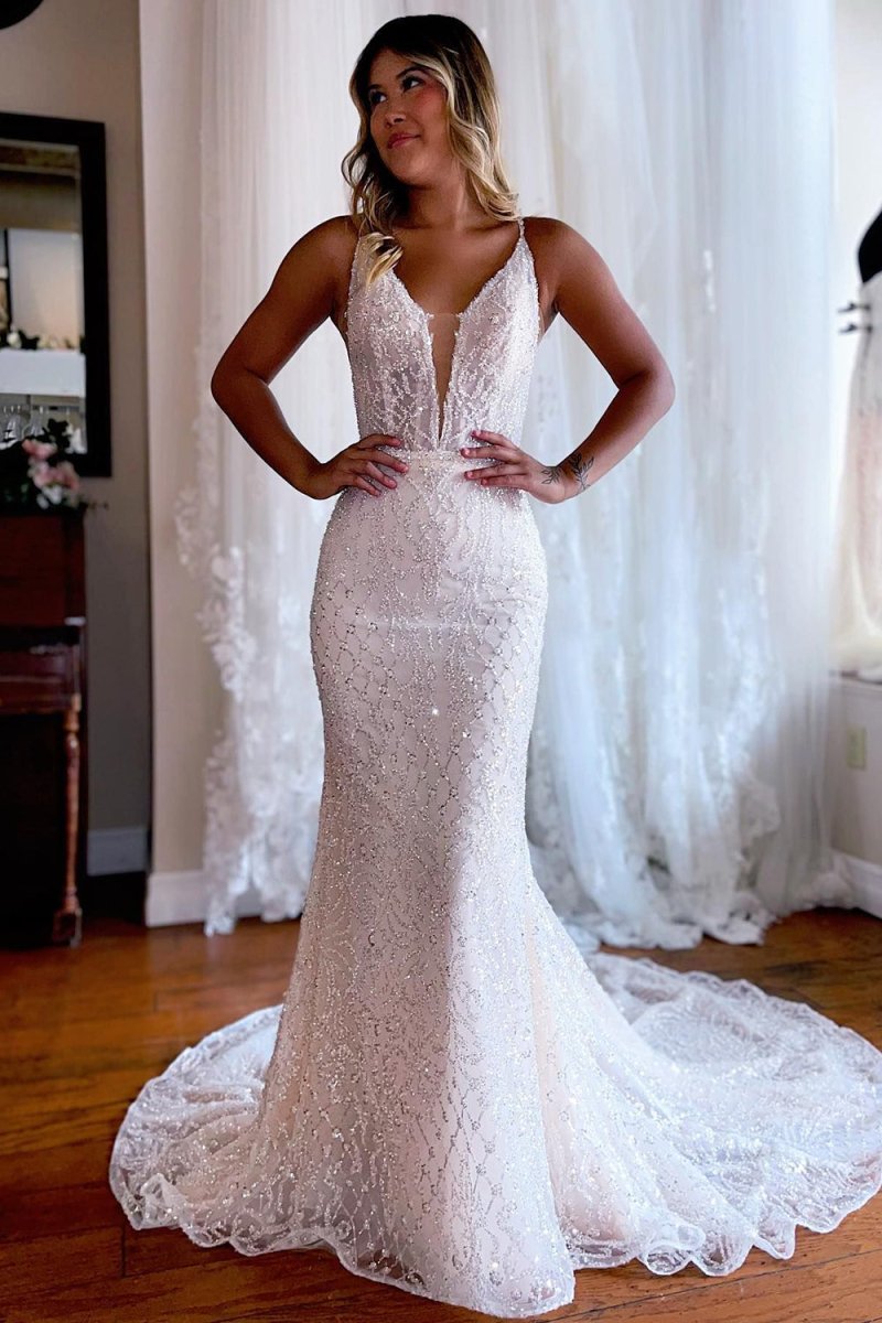 Jamie | Sparkly Mermaid White Lace Backless Sweep Train Long Wedding Dress