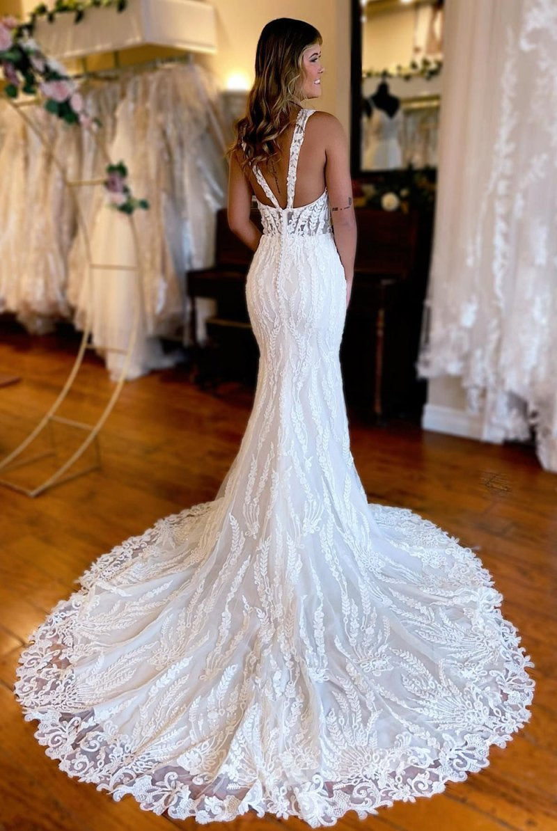 Belen | White V-Neck Sheath Long Lace Wedding Dress with Slit