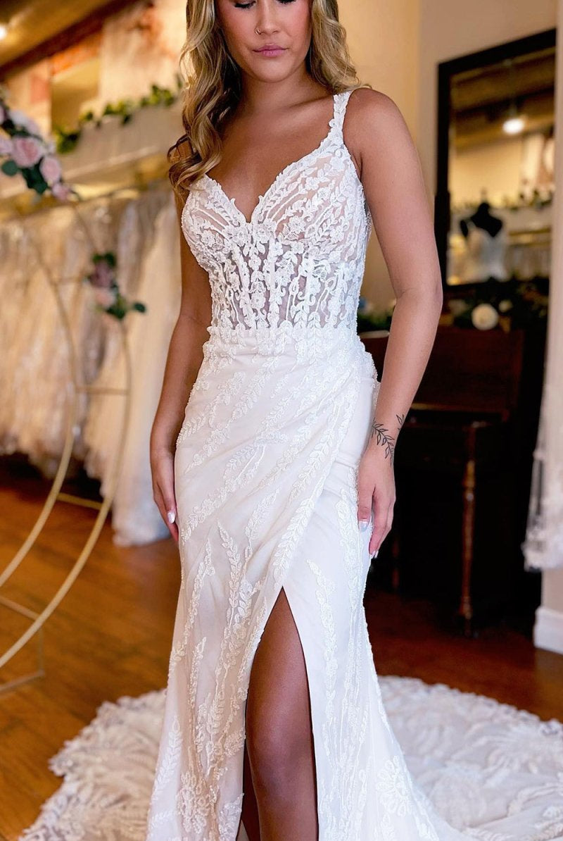 Belen | White V-Neck Sheath Long Lace Wedding Dress with Slit