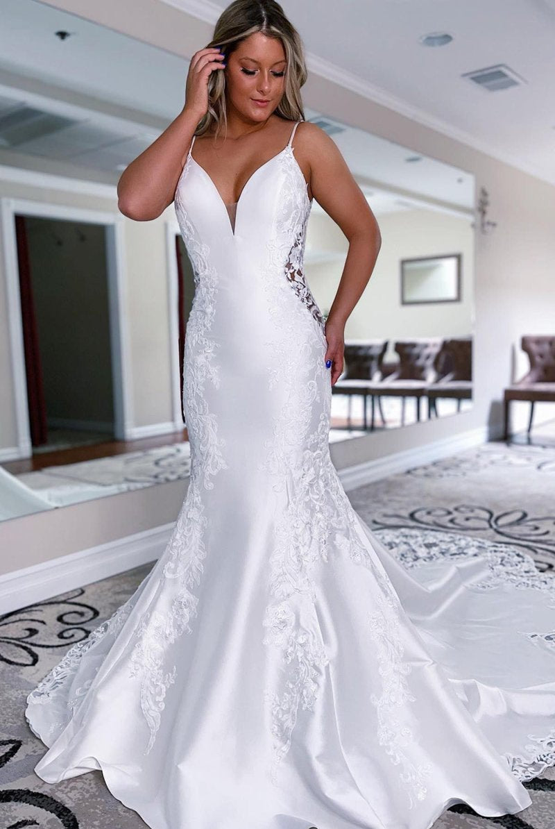 Christina | White Mermaid Long Satin Wedding Dress with Appliqued