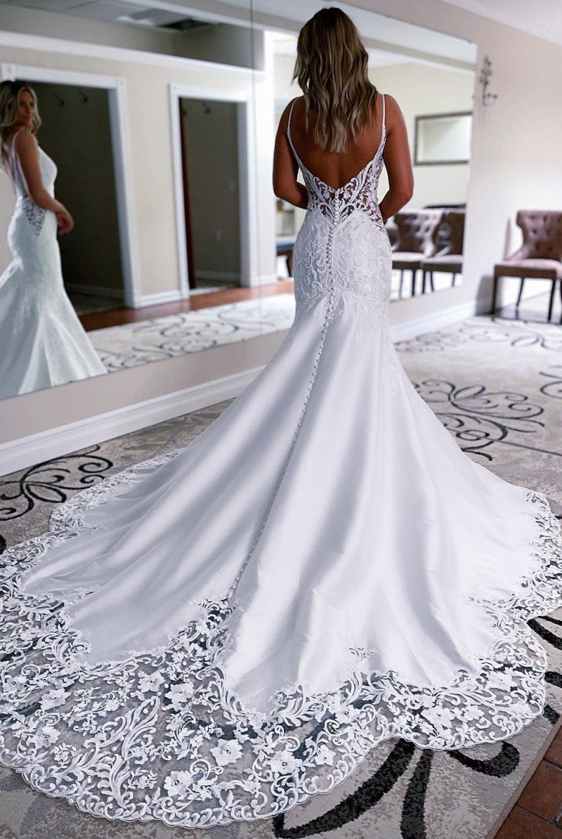 Christina | White Mermaid Long Satin Wedding Dress with Appliqued