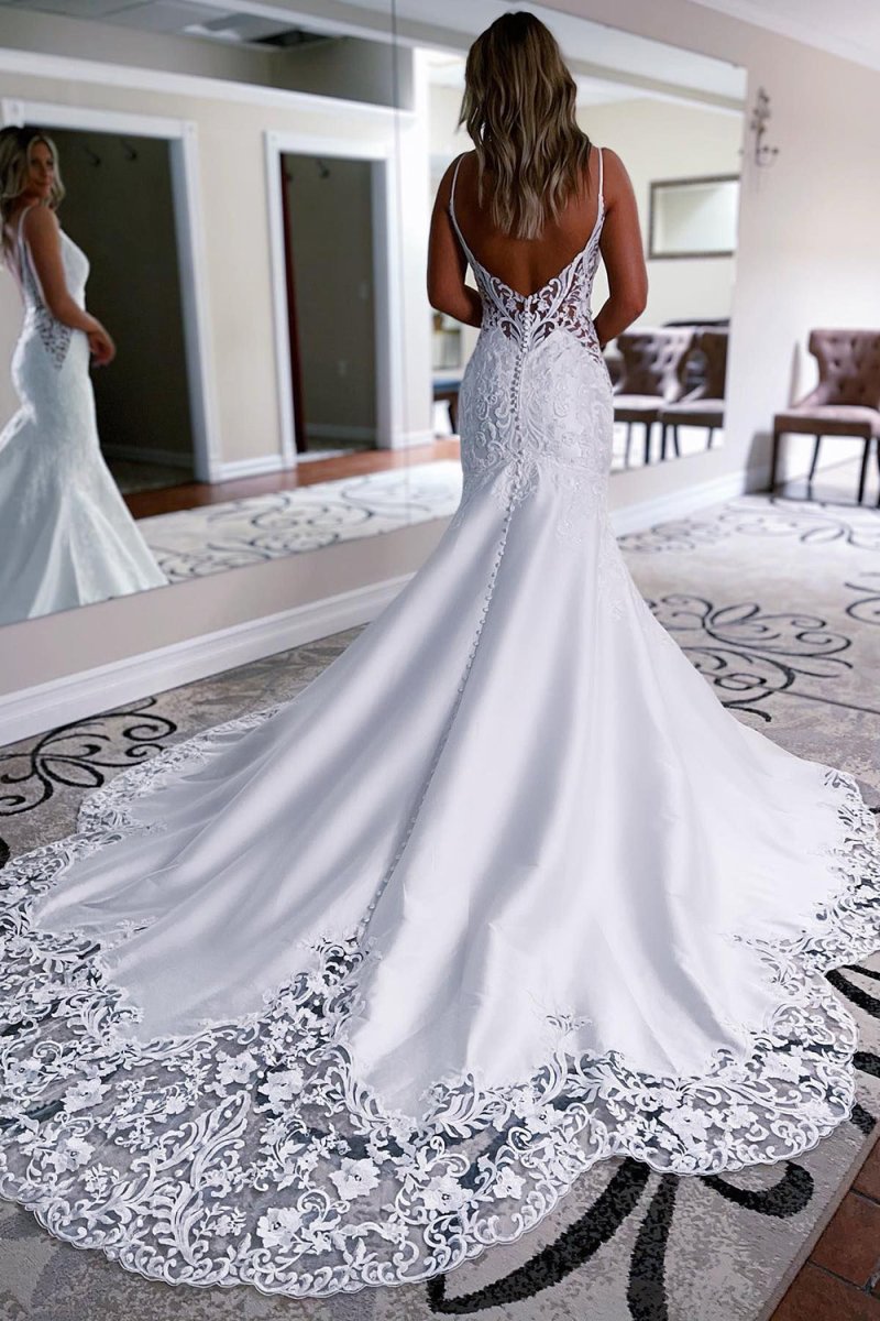 Christina | White Mermaid Long Satin Wedding Dress with Appliqued