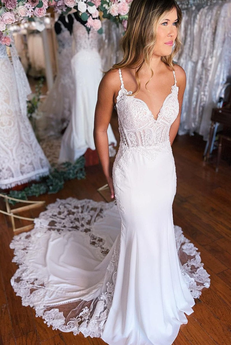 Kiana | White Boho Mermaid Spaghetti Straps Long Wedding Dress with Lace