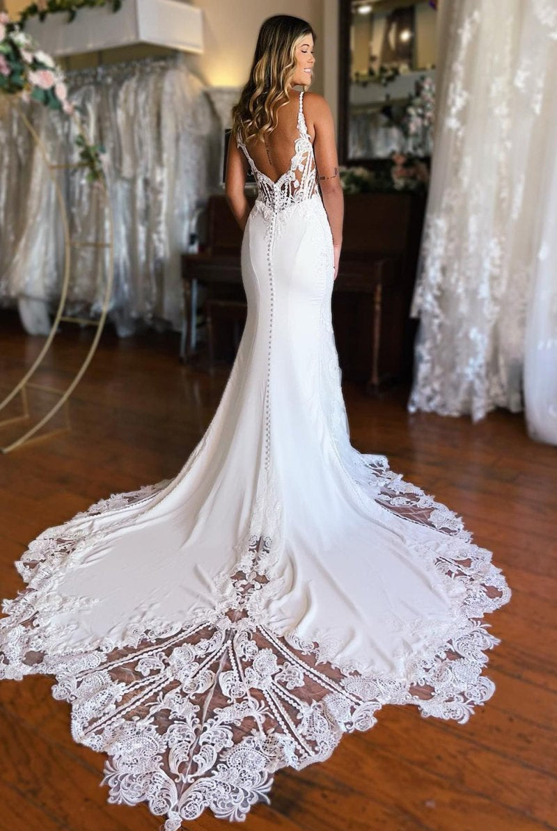 Kiana | White Boho Mermaid Spaghetti Straps Long Wedding Dress with Lace