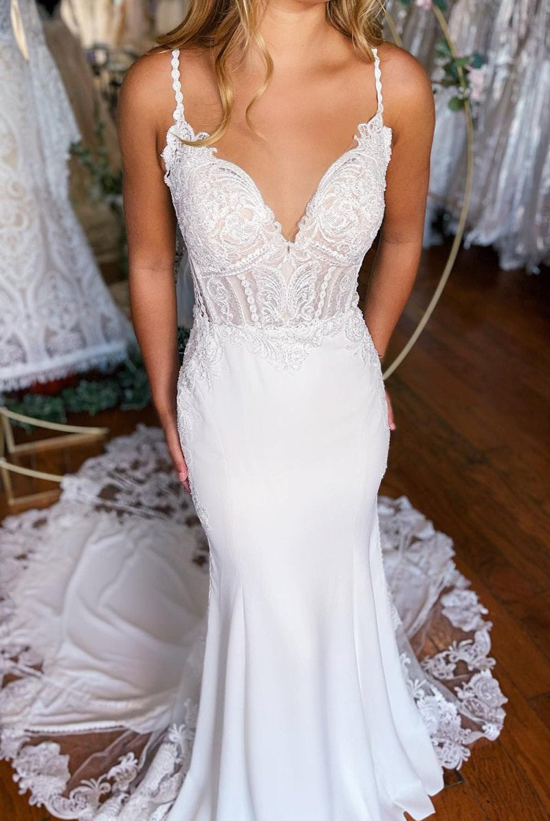 Kiana | White Boho Mermaid Spaghetti Straps Long Wedding Dress with Lace
