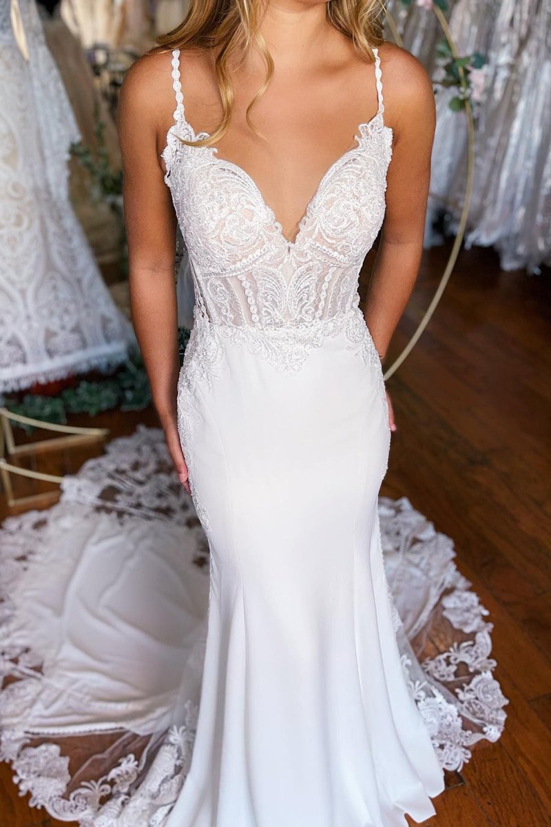 Kiana | White Boho Mermaid Spaghetti Straps Long Wedding Dress with Lace