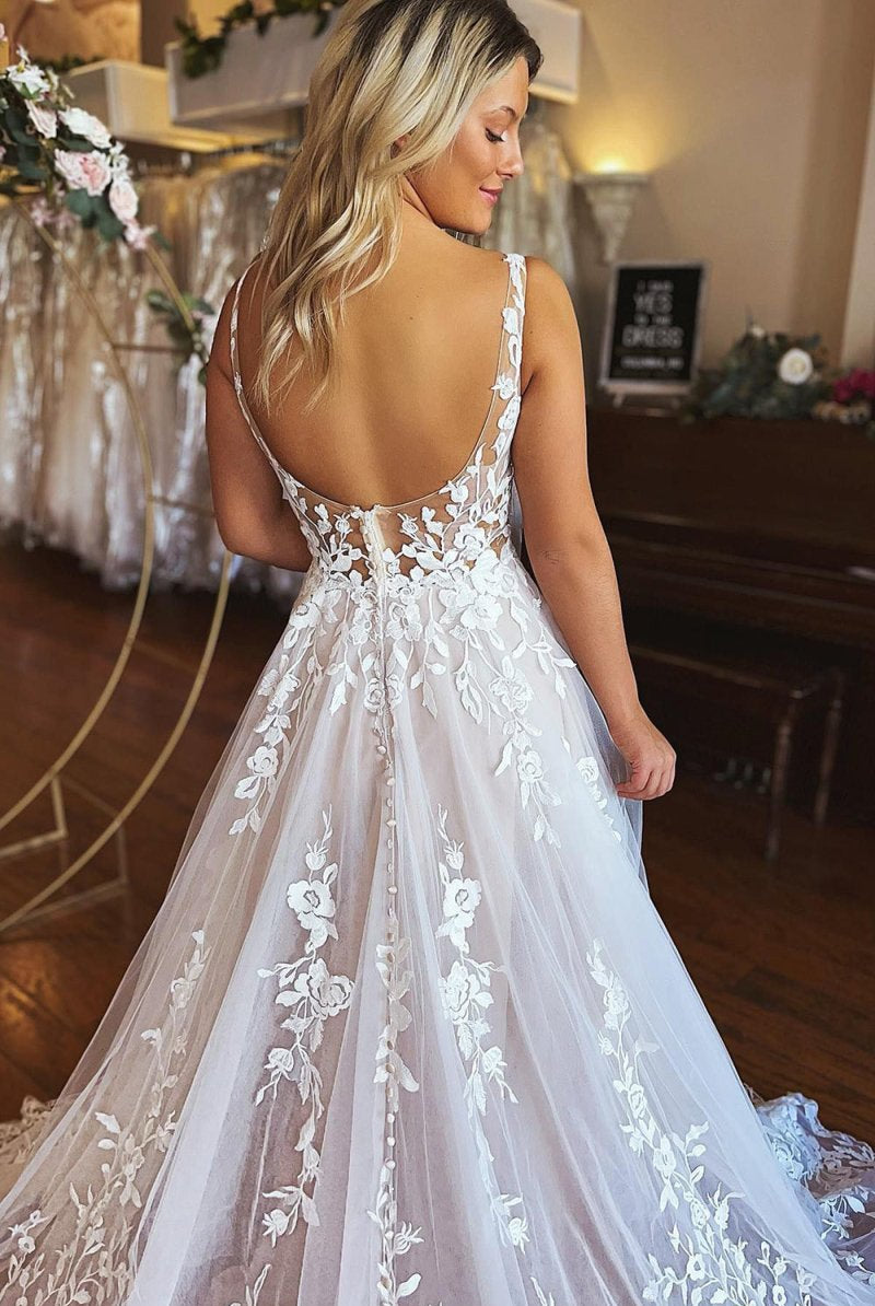 Bria | Ivory A-Line V-Neck Backless Long Lace Wedding Dress