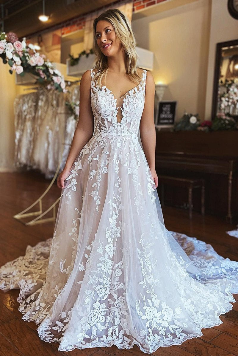 Bria | Ivory A-Line V-Neck Backless Long Lace Wedding Dress