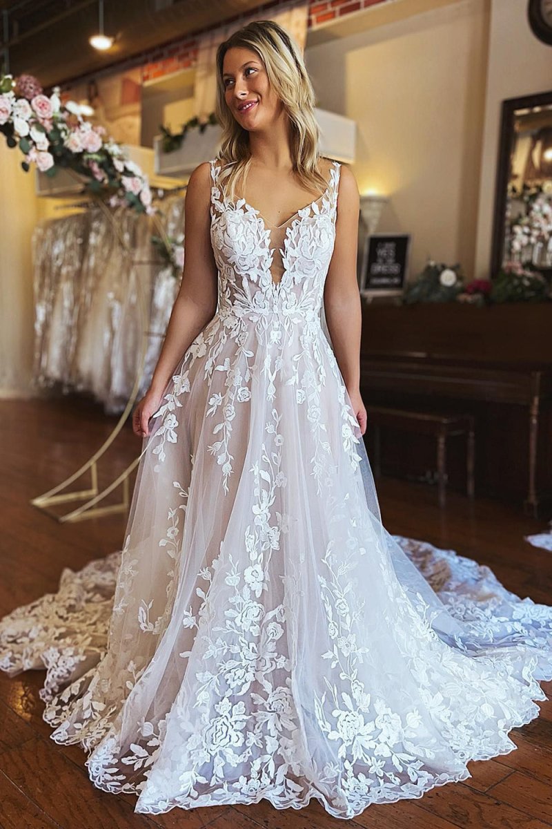 Ivory A-Line V-Neck Backless Long Lace Wedding Dress, Ivory / 12 Ivory A-Line V-Neck Backless Long Lace Wedding Dress, Ivory / 12