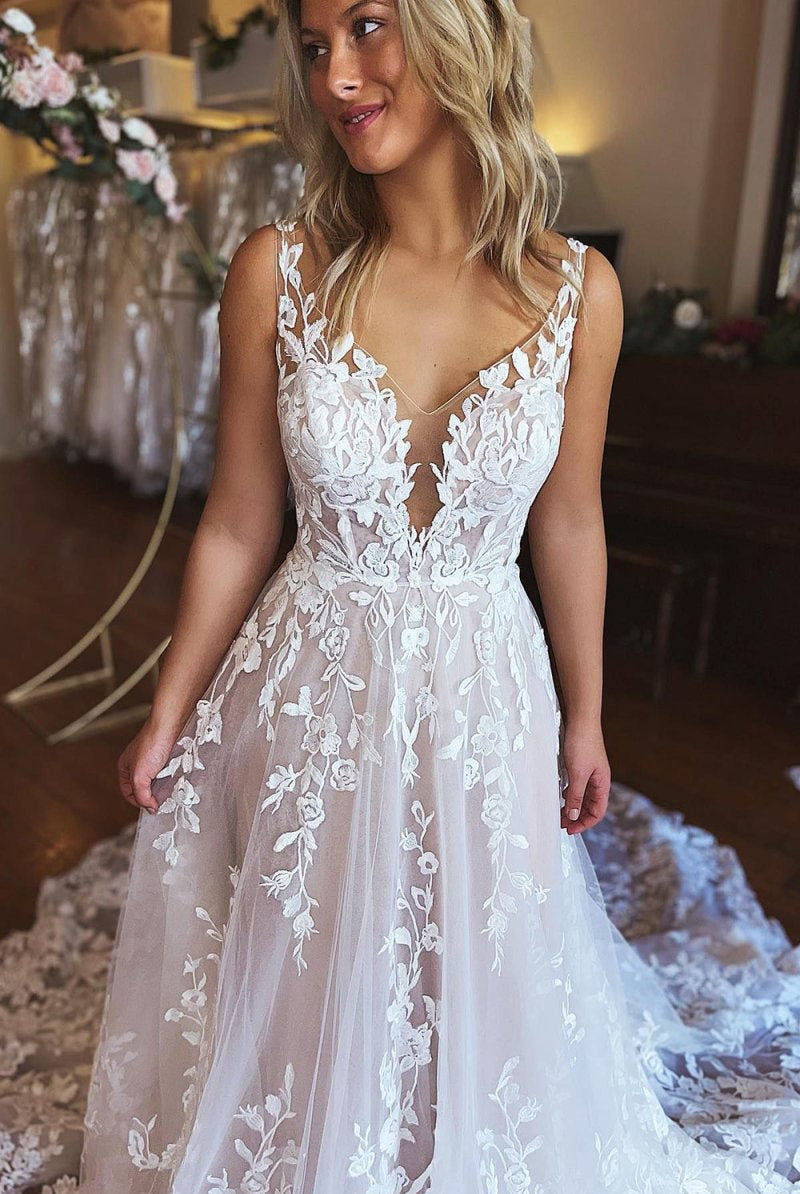 Bria | Ivory A-Line V-Neck Backless Long Lace Wedding Dress
