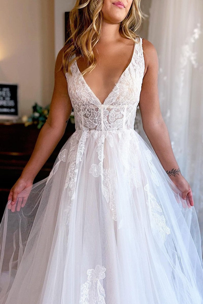Jaylani | Ivory A-Line Deep V-Neck Backless Long Wedding Dress with Lace