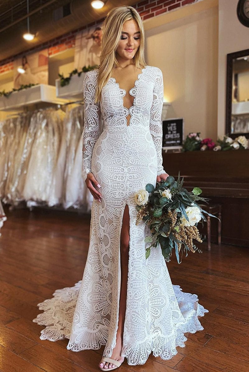 Lillie | White Mermaid Boho Long Lace Wedding Dress with Sleeves