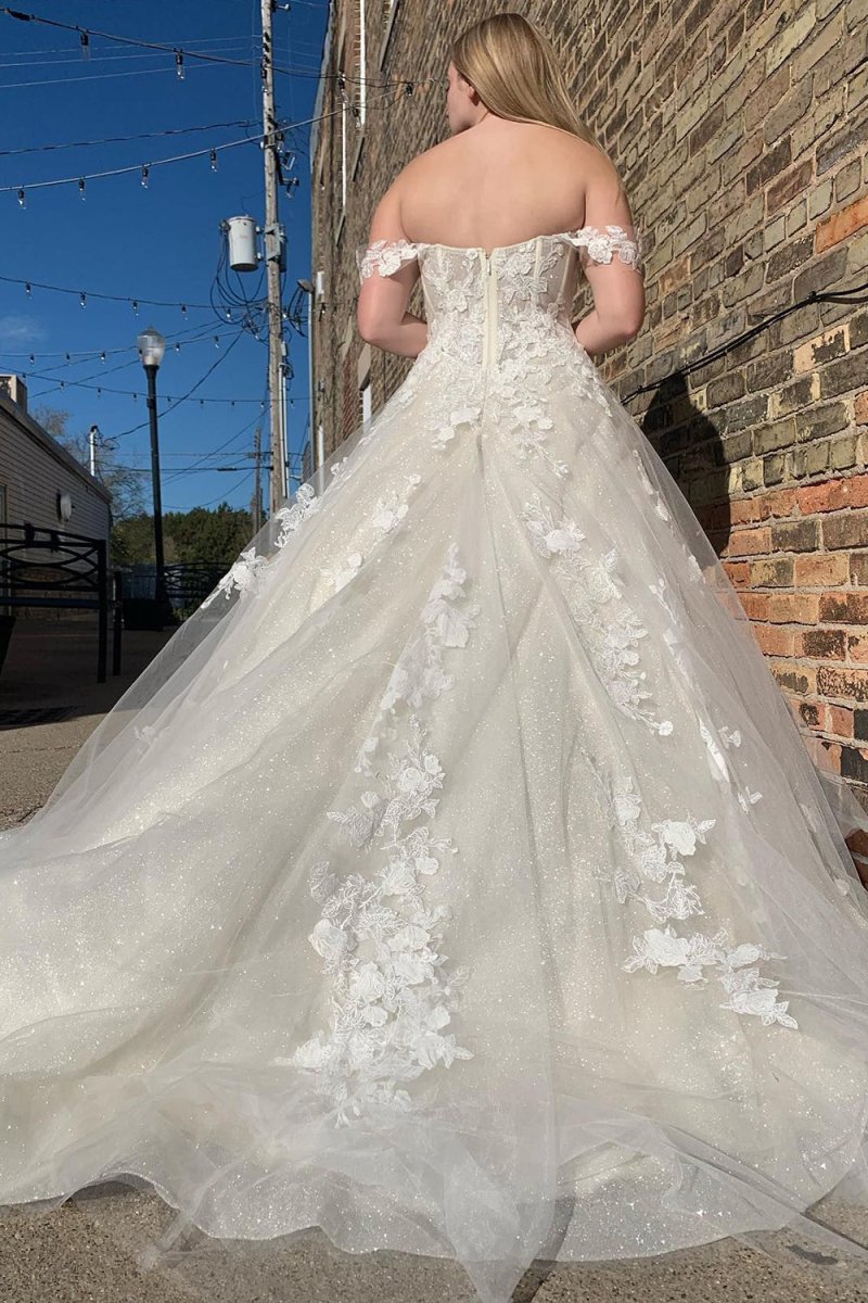 Kassidy | Glitter A-Line Off The Shouder White Long Wedding Dress with Appliques