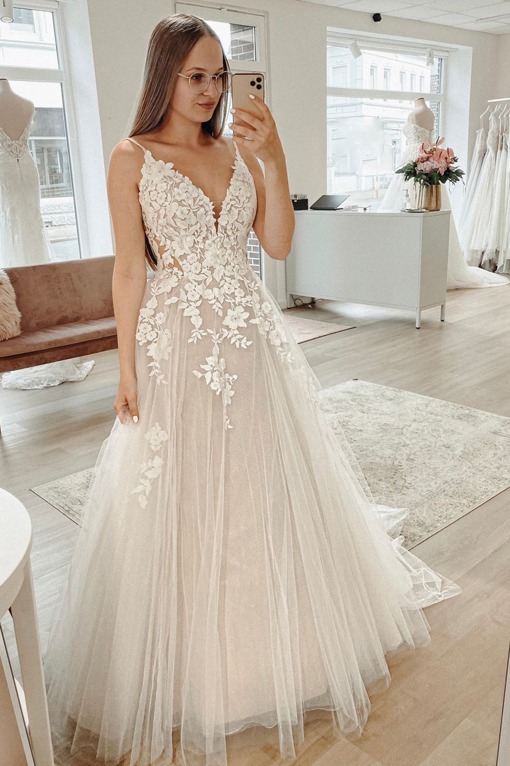 KissProm Dalia | Glitter Ivory A-Line Spaghetti Straps Long Wedding Dress with Appliques, Ivory / 10