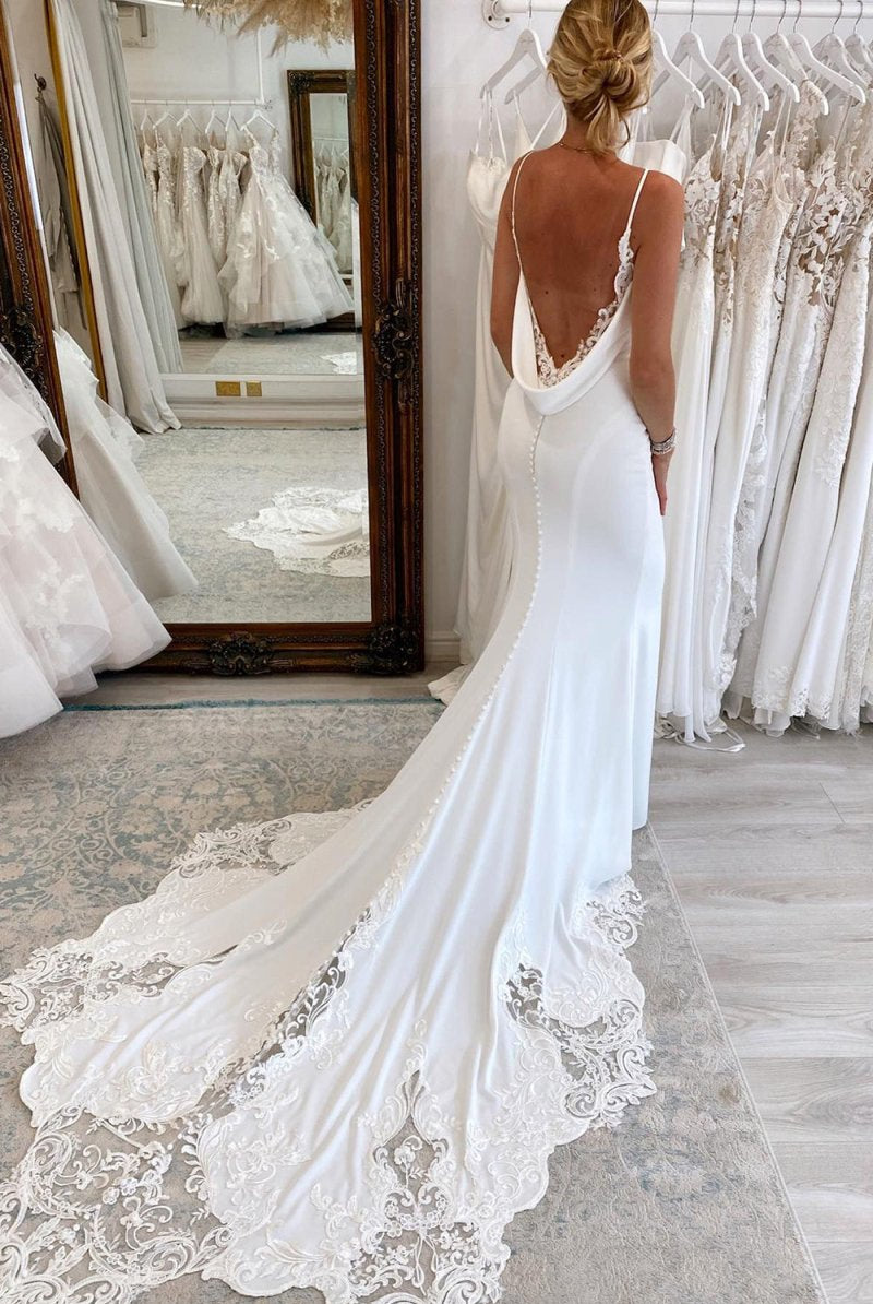 Jayda | White Spaghetti Straps Long Mermaid Boho Wedding Dress with Lace
