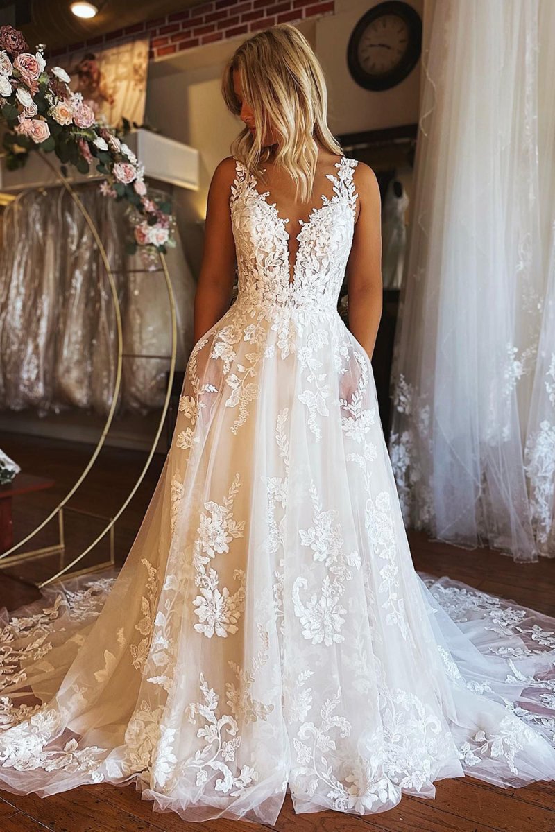 Ivory V-Neck A-Line Tulle Wedding Dress with Pockets, White-Nude / 26 Ivory V-Neck A-Line Tulle Wedding Dress with Pockets, White-Nude / 26