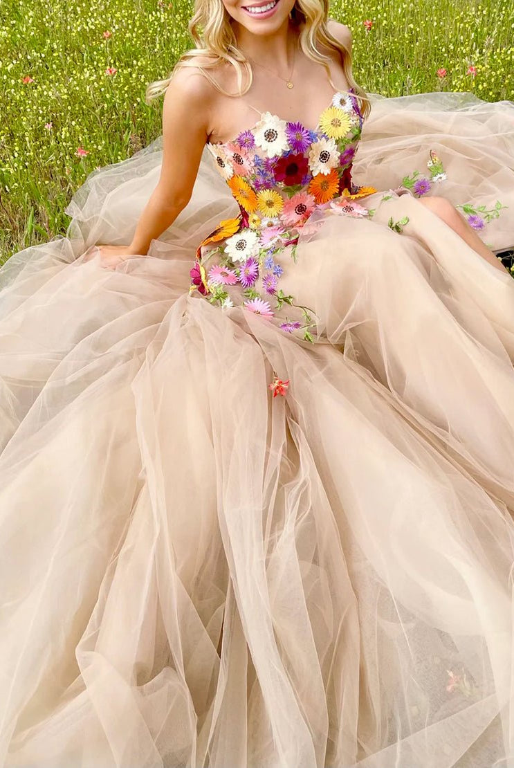 Adeline | Champagne A Line Sweetheart Flower Long Prom Dress With Appliques - KissProm