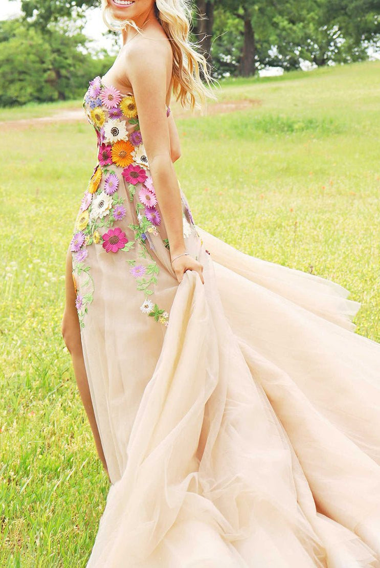 Adeline | Champagne A Line Sweetheart Flower Long Prom Dress With Appliques - KissProm