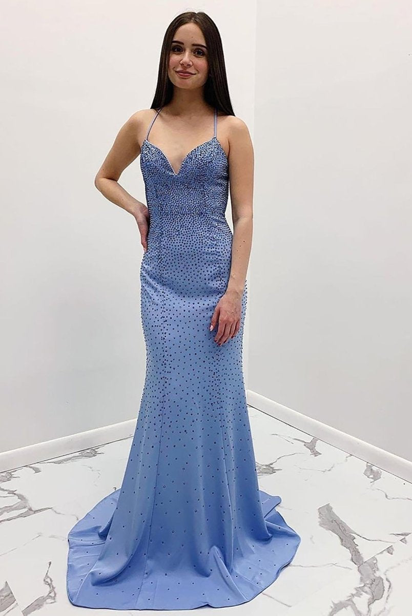 Avayah | Mermaid Blue V - Neck Long Prom Dress - KissProm