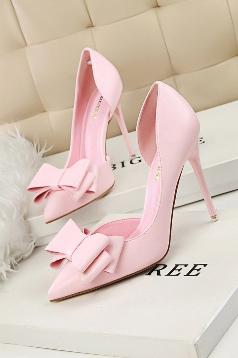 Sweet Bow Pointed Side Hollow High Heels - KissProm