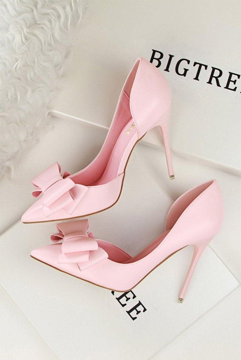 Sweet Bow Pointed Side Hollow High Heels - KissProm