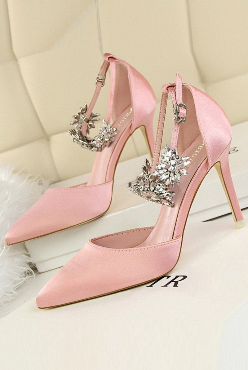 Silver Ankle Strap Prom Heels with Crystals - KissProm