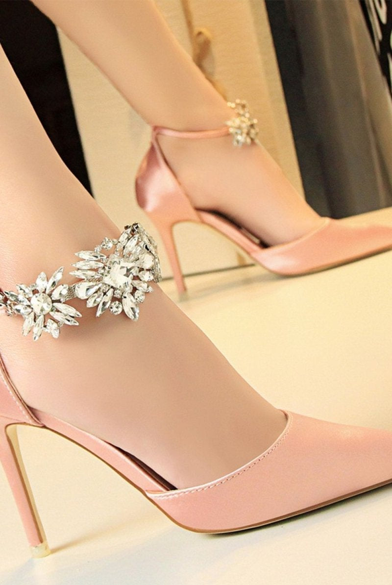 Silver Ankle Strap Prom Heels with Crystals - KissProm