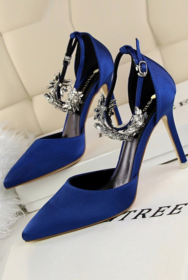 Silver Ankle Strap Prom Heels with Crystals - KissProm