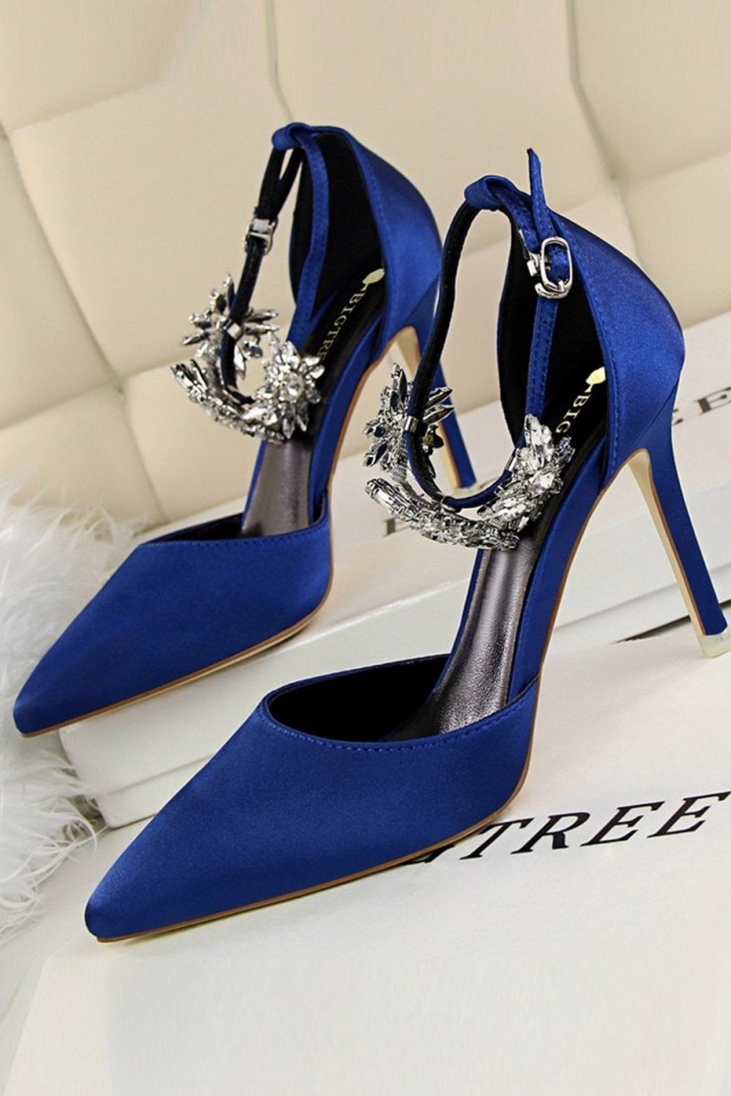 Silver Ankle Strap Prom Heels with Crystals - KissProm