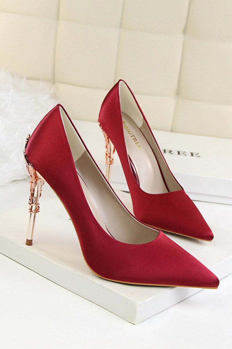 Burgundy Shallow Metal Stiletto Heels - KissProm