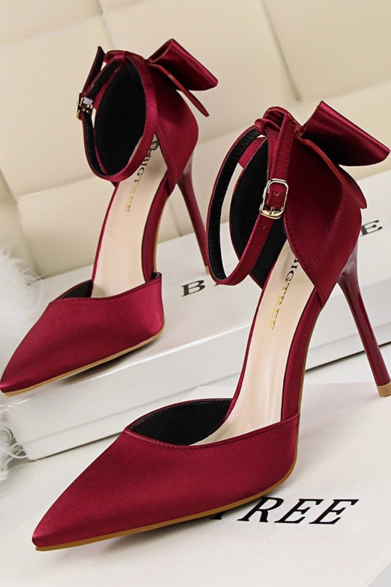 Burgundy Satin Prom Heels with Bowknot - KissProm