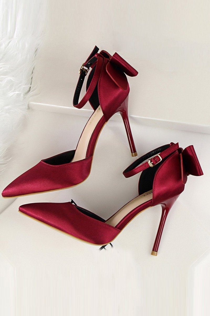 Burgundy Satin Prom Heels with Bowknot - KissProm