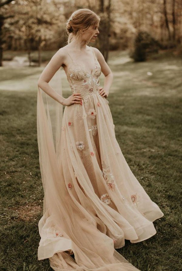 A-line 3D Flower Colorful V Neck Tulle Forest Wedding Dresses – Wedding Dresses by KissProm | Available at KissProm