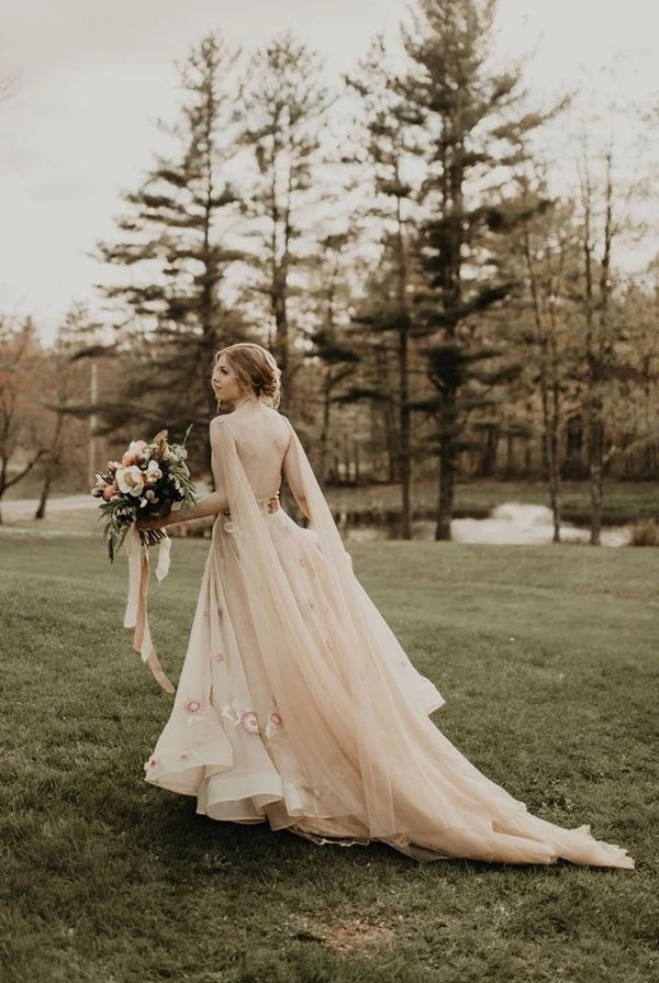 A-line 3D Flower Colorful V Neck Tulle Forest Wedding Dresses – Wedding Dresses by KissProm | Available at KissProm