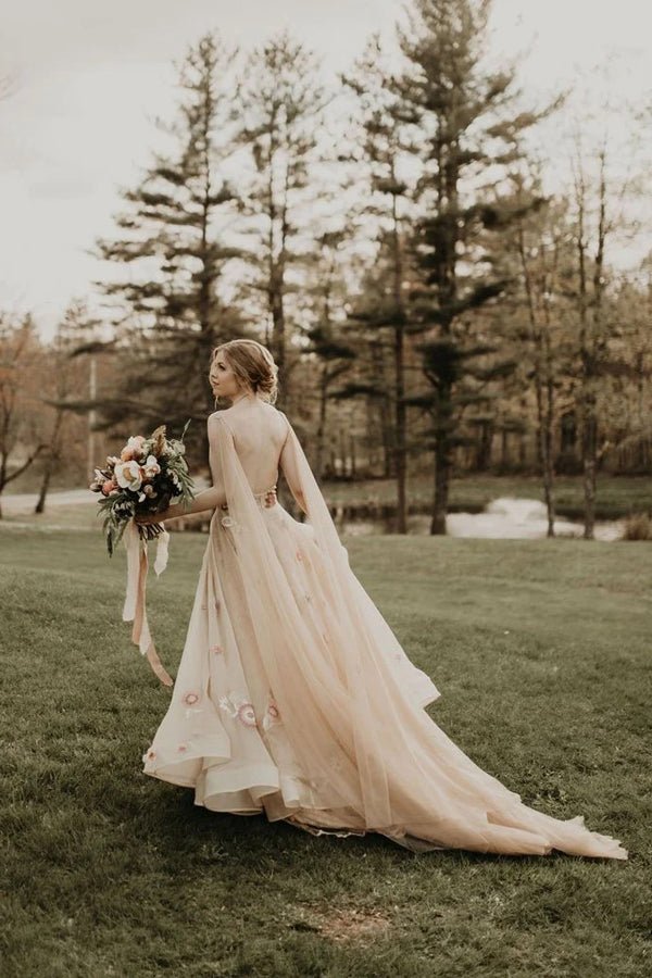 A-line 3D Flower Colorful V Neck Tulle Forest Wedding Dresses – Wedding Dresses by KissProm | Available at KissProm