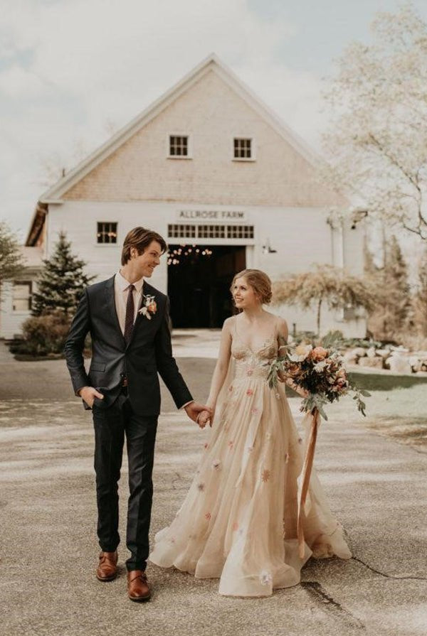 A-line 3D Flower Colorful V Neck Tulle Forest Wedding Dresses – Wedding Dresses by KissProm | Available at KissProm