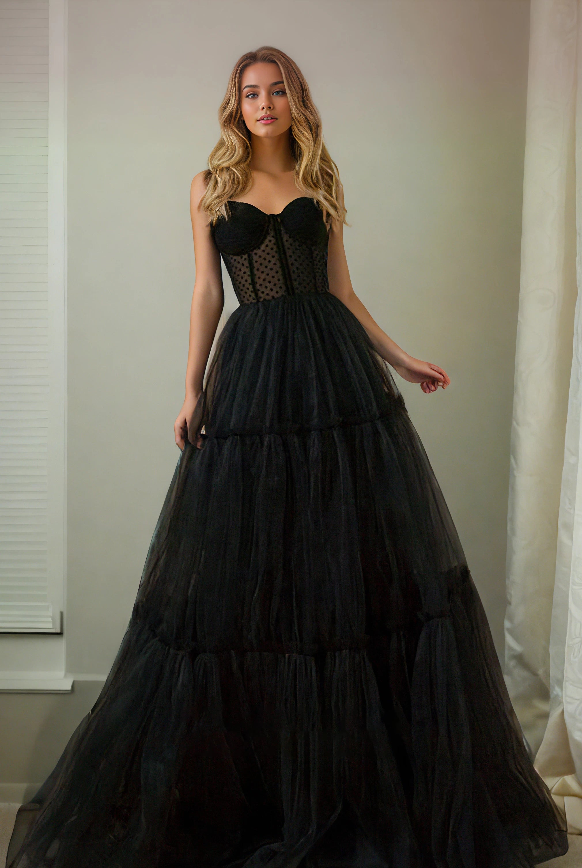 A-Line Adorable Sweetheart Black Spaghetti Corset Back Beach Simple Ruching Tulle Sweep Train Wedding Dress