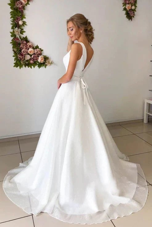 A-line Attractive V-neck Simple Wedding Dress Rustic Wedding Gown