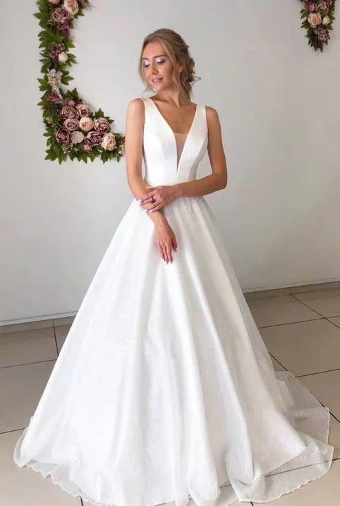 A-line Attractive V-neck Simple Wedding Dress Rustic Wedding Gown