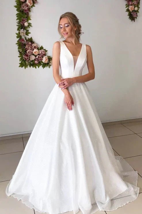 A line Attractive V neck Simple Wedding Dress Rustic Wedding Gown