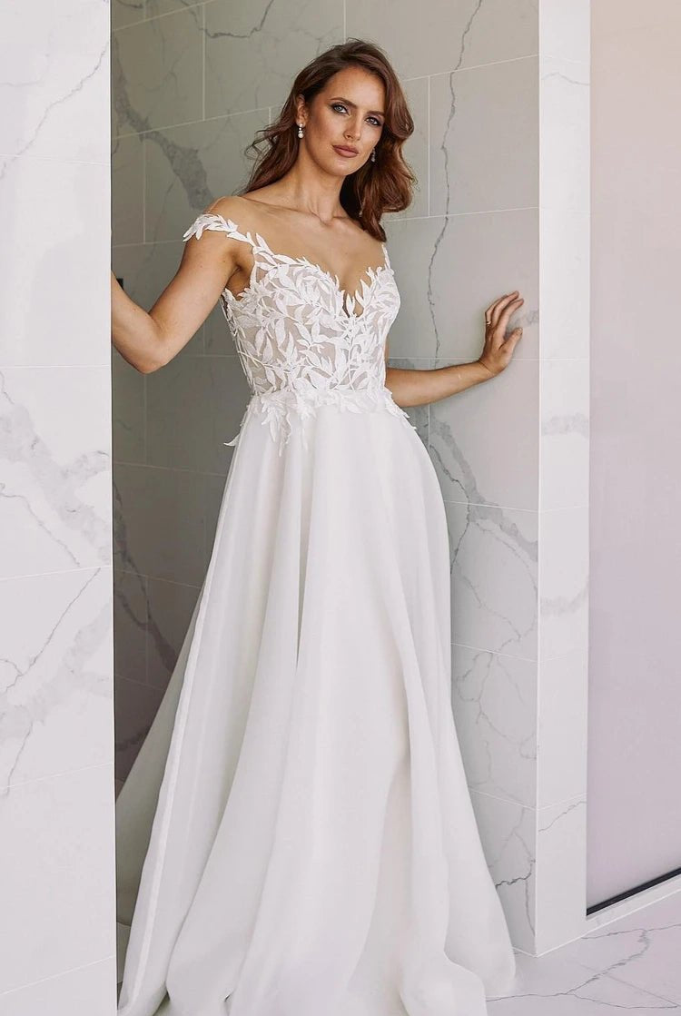 A-Line V-Neck Chiffon Floor Length Wedding Dress With Appliques