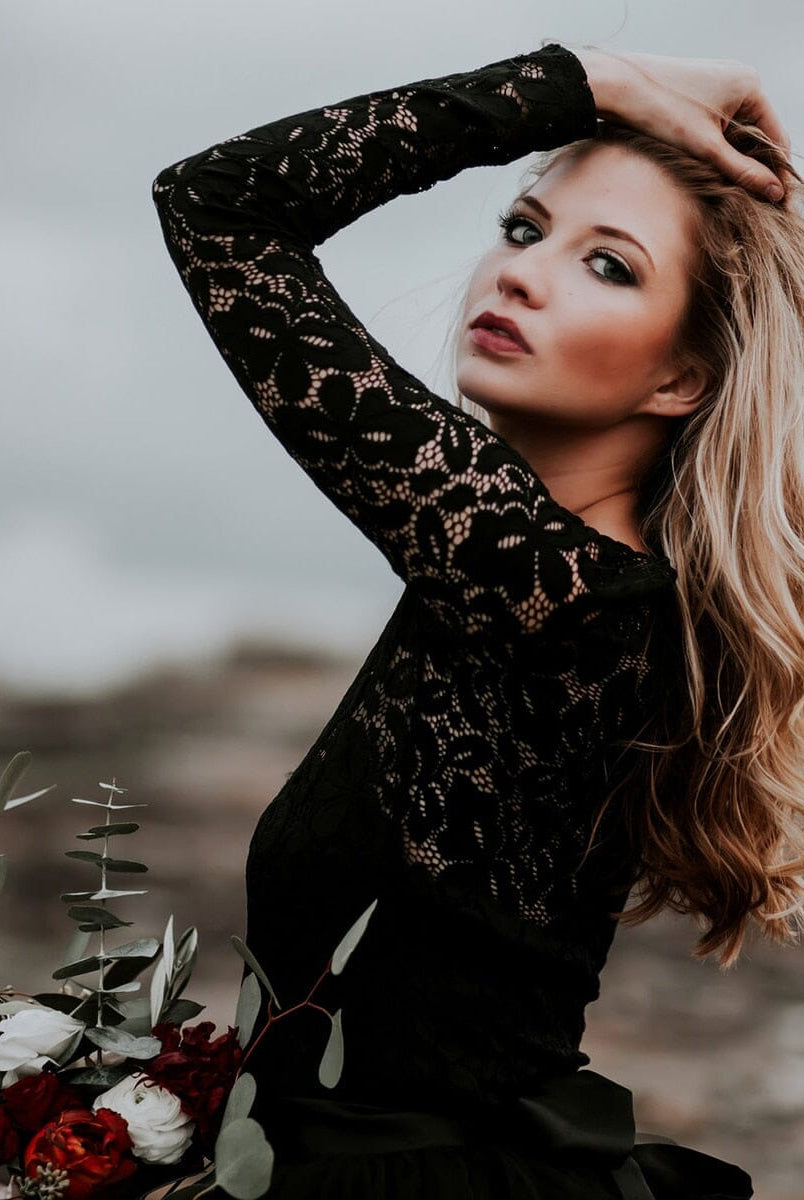 A-Line Black Lace Appliqued Wedding Dress With Train