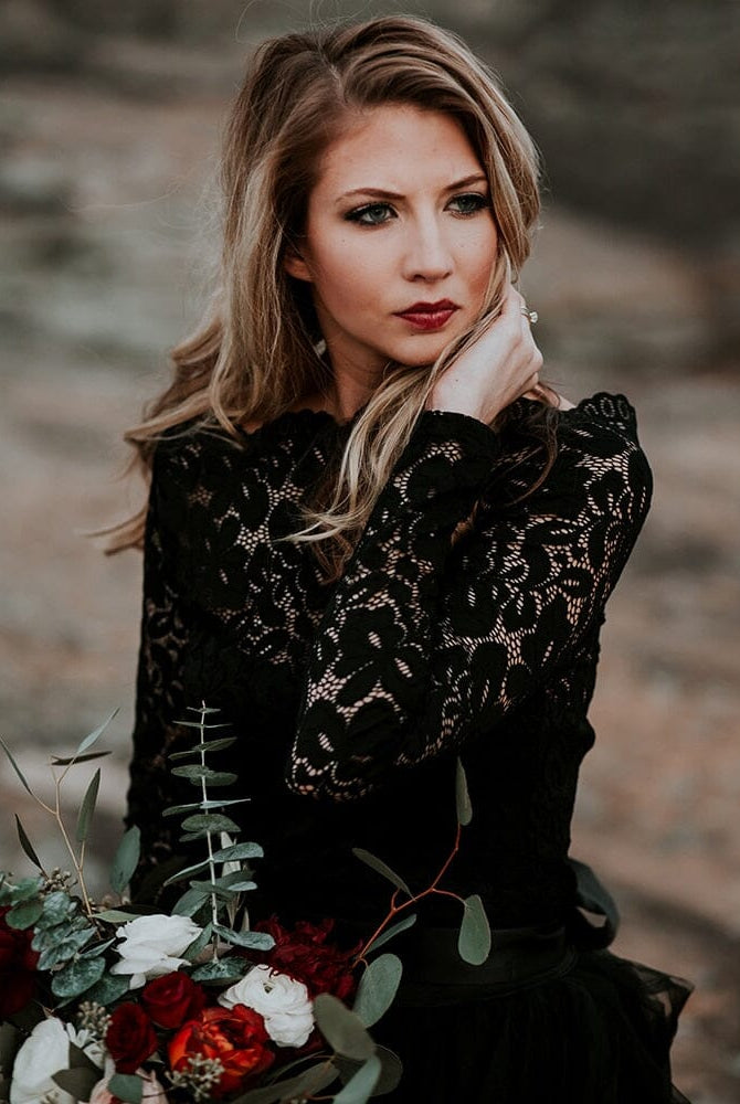 A-Line Black Lace Appliqued Wedding Dress With Train